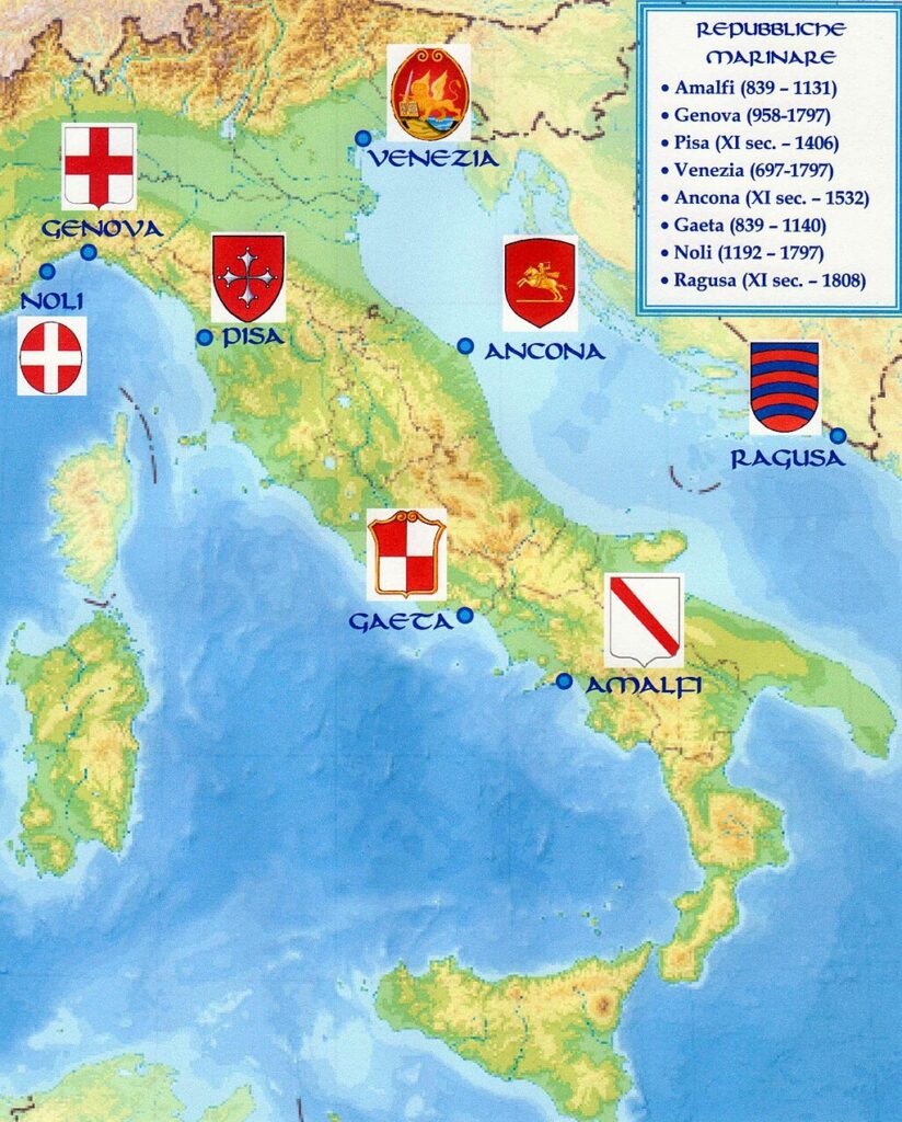 Mapa de las repúblicas marítimas. Muestra los emblemas de estas ciudades sobre un mapa de Italia.