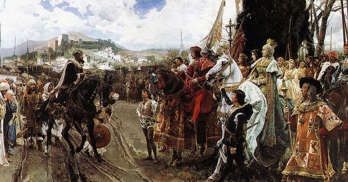 El rey nazarí de Granada Boadbil rinde la ciudad y entrega las llaves de esta a los Reyes Católicos
