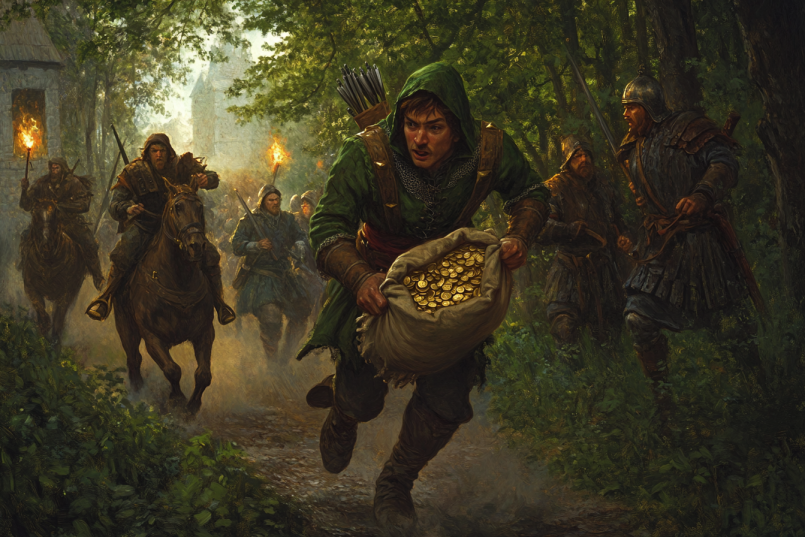 Robin Hood escapando de los guardias del Rey Juan I de Inglaterra Robin Hood escapando con una bolsa de oro de los guardias del Rey Juan I de Inglaterra