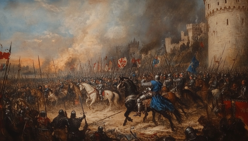 representación de un coque entre los ejércitos ingleses y franceses en la Batalla de Bouvines