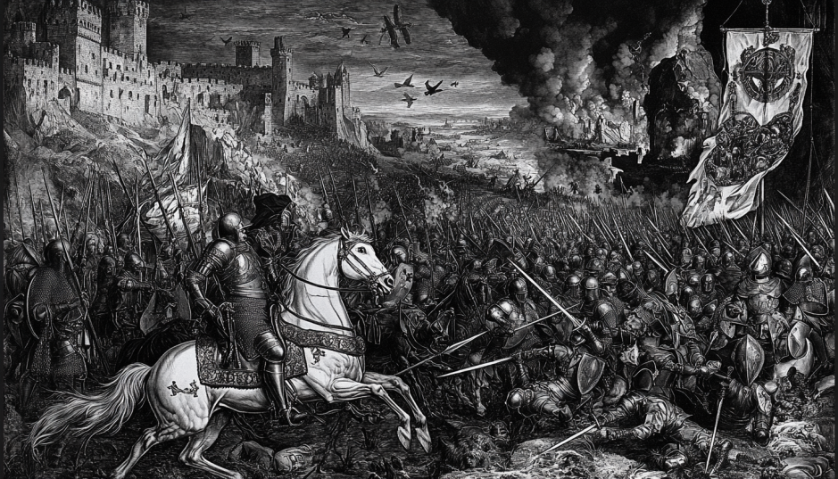 representación de una batalla durante la Guerra de los Cien Años entre Inglaterra y Francia representación de una batalla durante la Guerra de los Cien Años entre Inglaterra y Francia