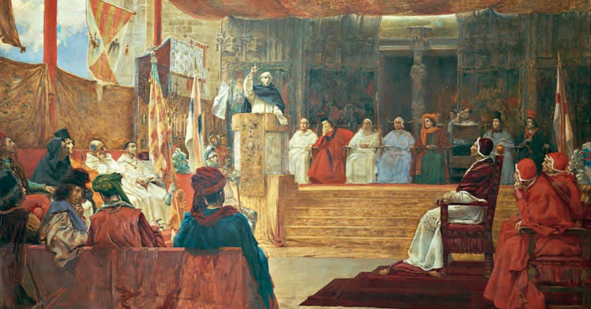 Miembros de la nobleza y de la Iglesia debatiendo en un salón durante El Compromiso de Caspe