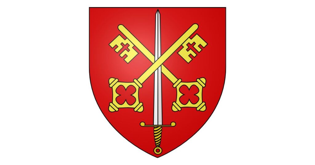 Heráldica Orden de Cluny. Muestra dos llaves cruzadas doradas y en medio una espada apuntando hacia arriba sobre un escudo de color rojo.