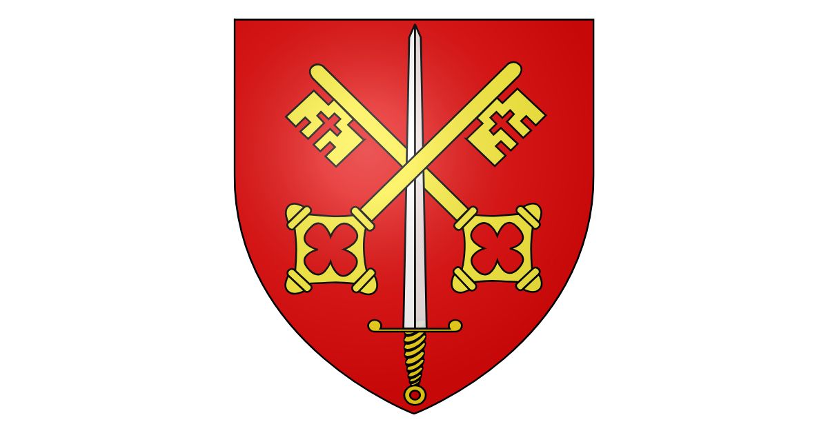 Heráldica Orden de Cluny. Muestra dos llaves cruzadas doradas y en medio una espada apuntando hacia arriba sobre un escudo de color rojo.