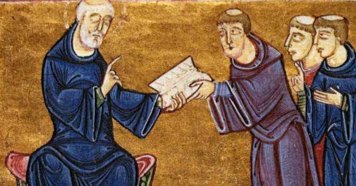 San Benito entregando su Regla a monjes franceses