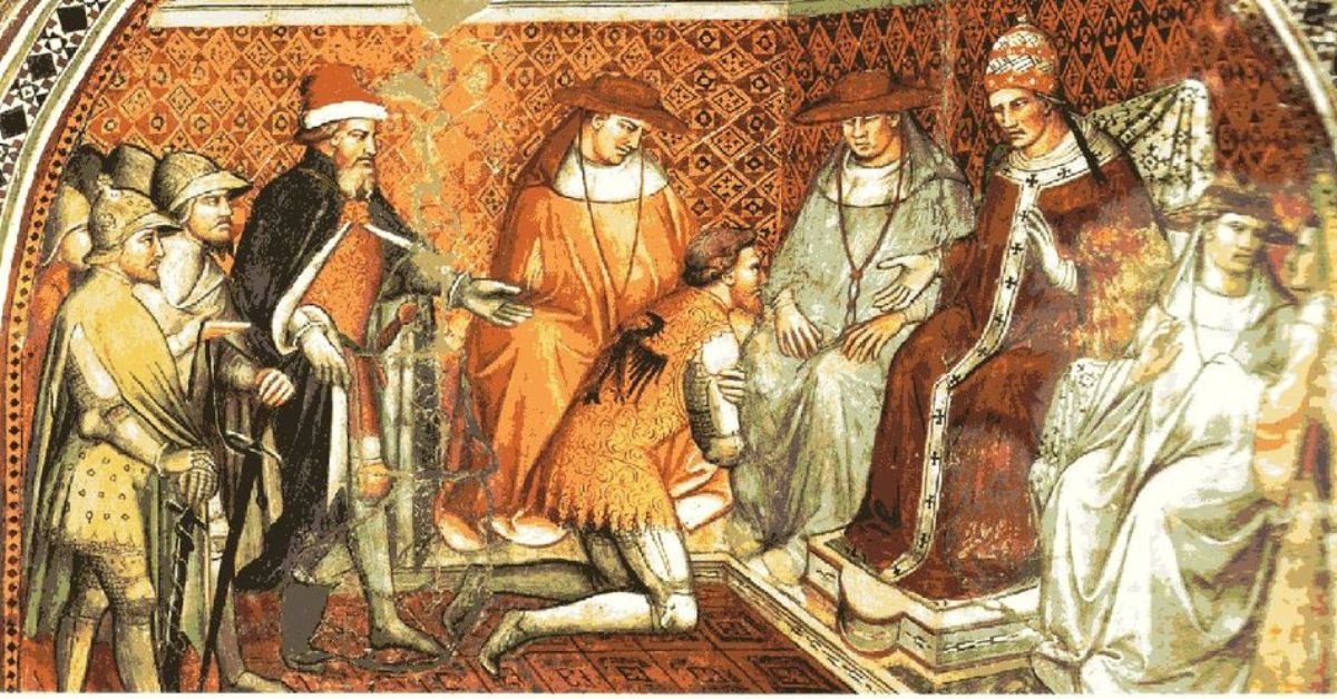 Fresco que muestra la sumisión de Federico I Barbarroja ante el Papa Alejandro III durante el Tratado de Venecia