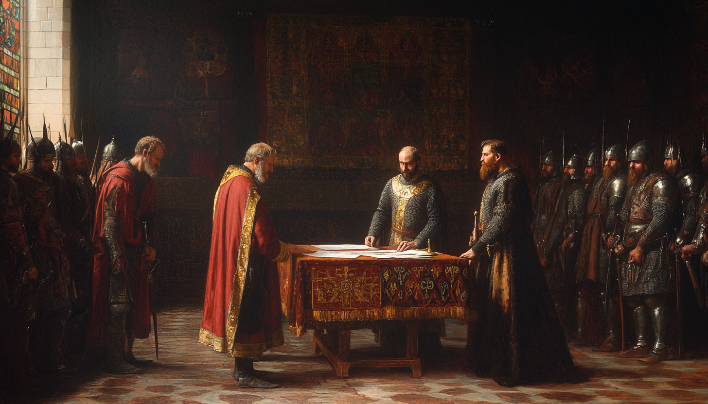 cuadro al oleo que represente a Enrique II de Inglaterra y Guillermo I de Escocia firmando un tratado en un salon de un castillo en el año 1174 . Los reyes están firmando un documento en un mesa en el centro de la sala y varios caballeros observan alrededor.