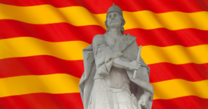 Wifredo con bandera de Cataluña (La Senyera)