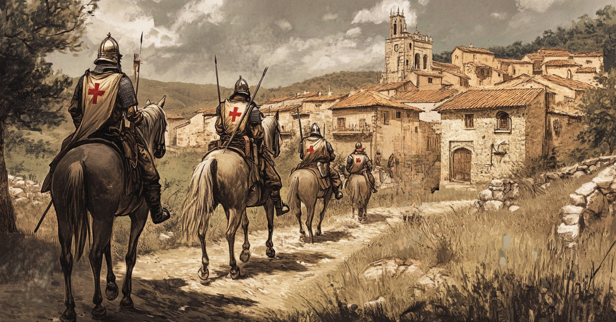 milicianos de la Santa Hermandad patrullando a caballo un pueblo de la España Medieval