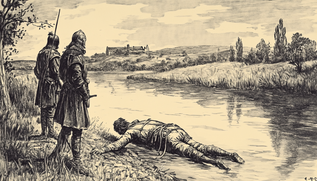 hombre sobre un río boca abajo y detrás dos soldados franceses de Carlomagno