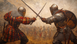 dos soldados Escoceses luchando durante la Batalla de Harlaw