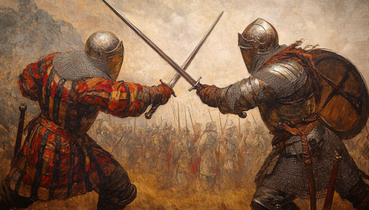 dos soldados Escoceses luchando durante la Batalla de Harlaw