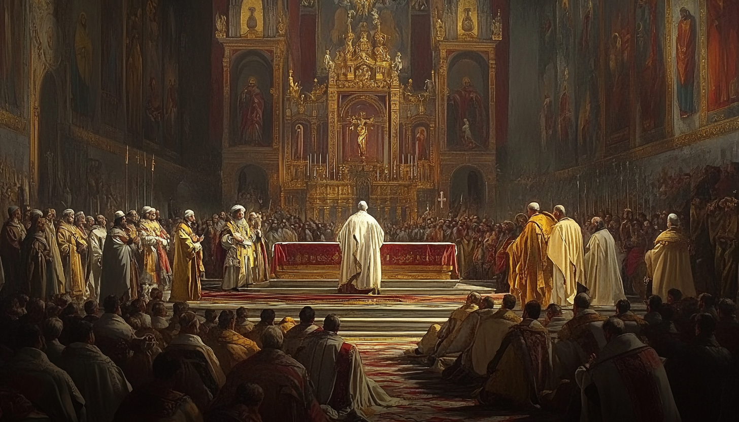 reforma gregoriana con el Papa Gregorio VII en el centro de la imagen mirando al altar