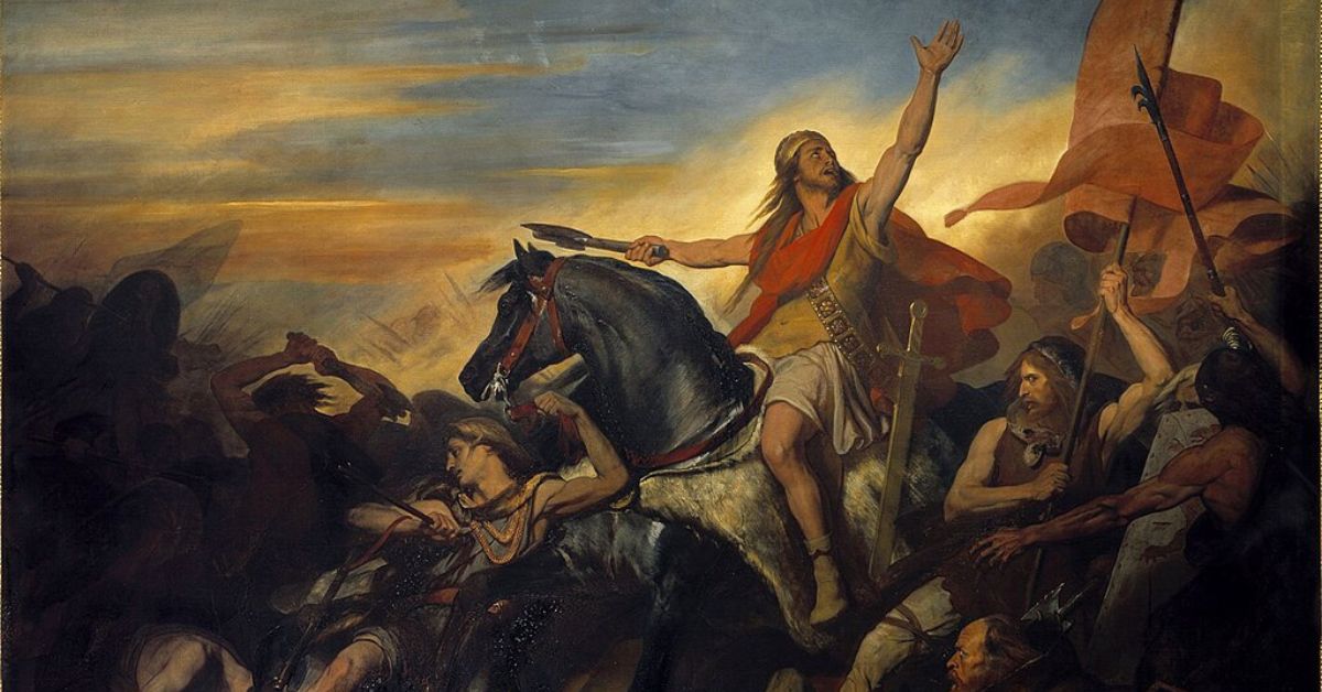 cuadro de La Batalla de Tolbiac (497). Muestra a Clodoveo a caballo mirando al cielo y pidiendo a Dios ayuda.