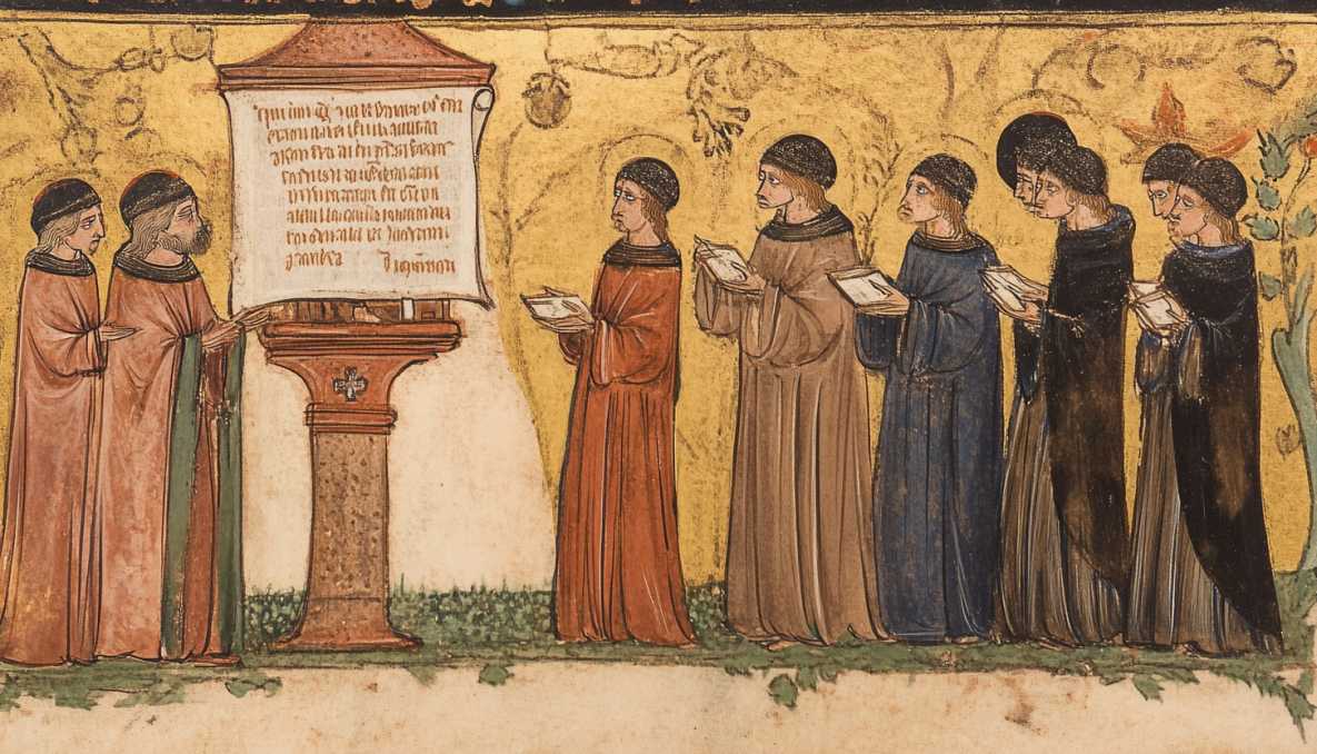 miniatura medieval que muestra a una fila de monjes atendiendo a la Regla del Mestro