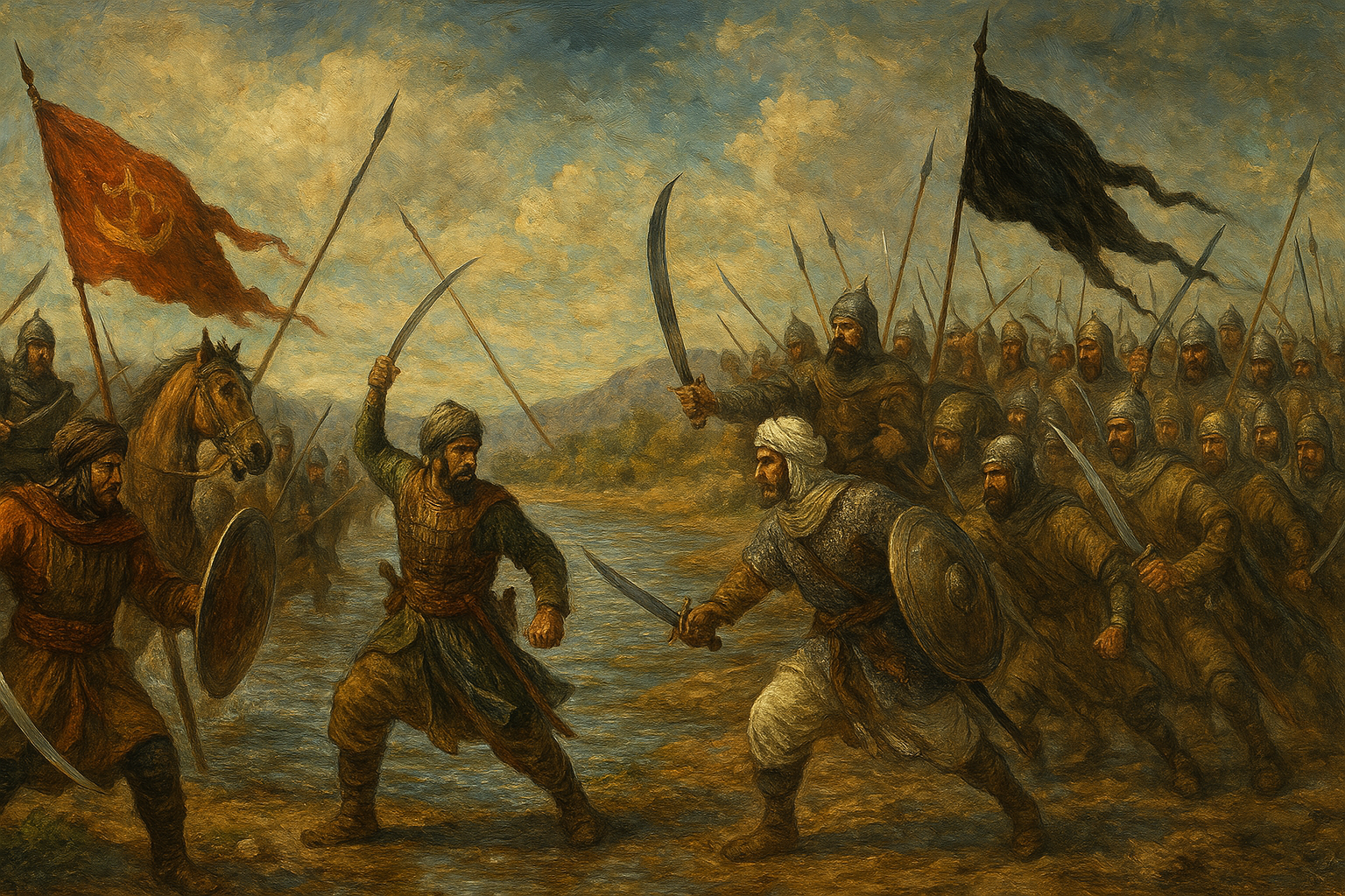Representación de la batalla del Gran Zab con dos ejércitos del califato Omeya peleando contra el ejercito del Califato abasí.