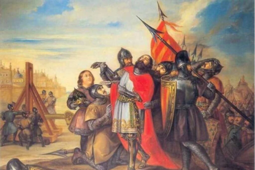 Sancho Ramírez recibiendo un disparo de una ballesta durante la toma de Huesca (Wasqa)