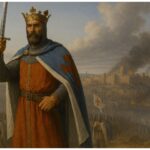 Bohemundo de Tarento con la espada en alto tras haber asaltado Jerusalén durante la Primera Cruzada