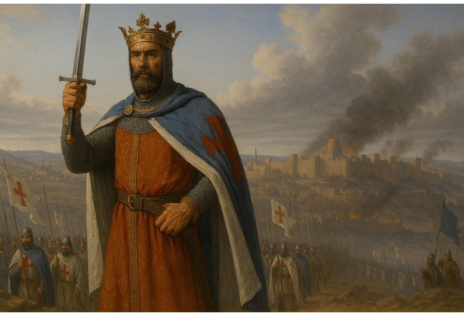 Bohemundo de Tarento con la espada en alto tras haber asaltado Jerusalén durante la Primera Cruzada