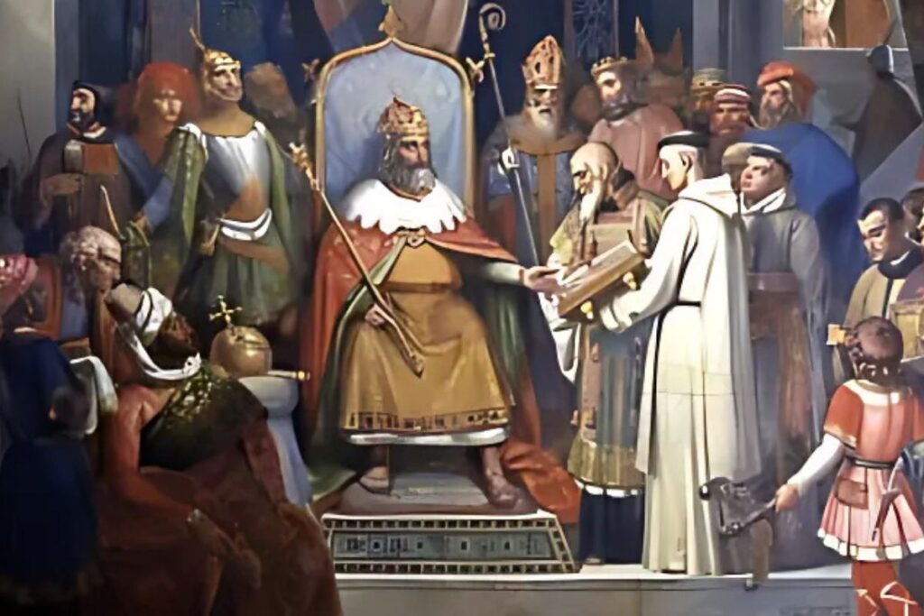 Alcuino de York, acompañado de varios clérigos, entrega manuscritos a Carlomagno en presencia de su corte en el Palacio de Aquisgrán.