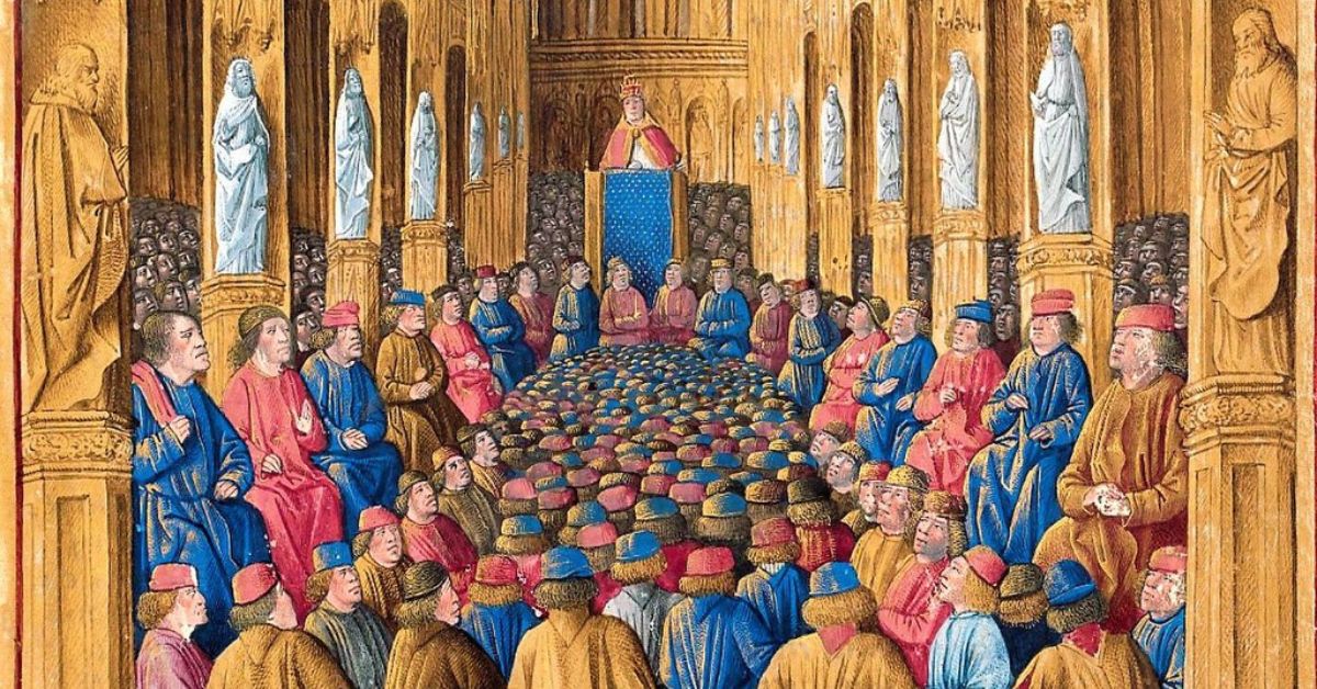 el papa Urbano II predicando en el Concilio de Clermont. Sébastien Mamerot, Les passages d'outremer