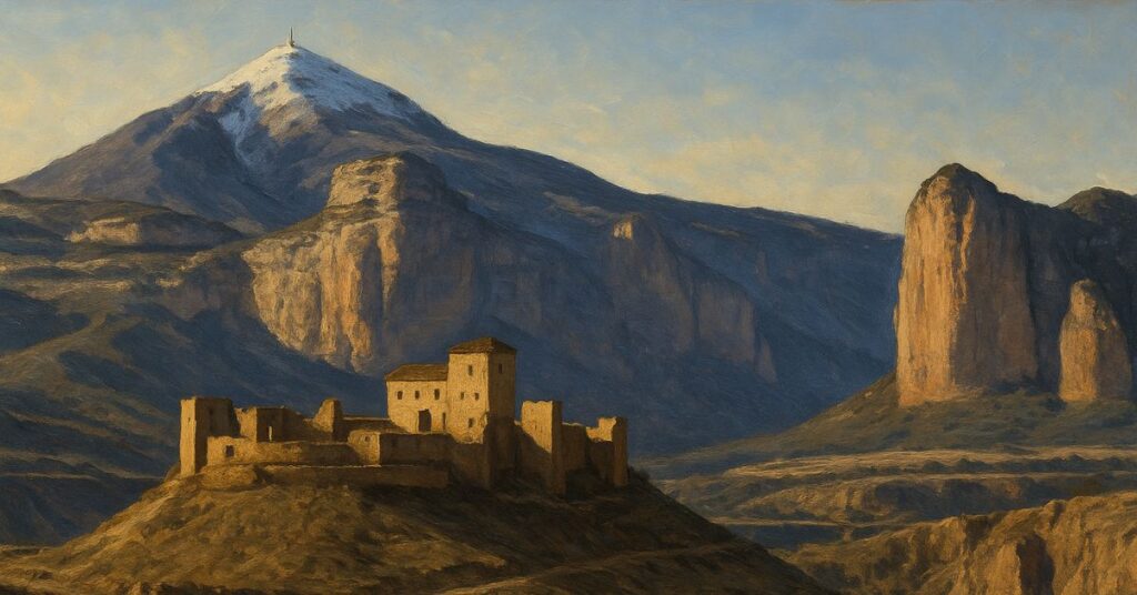 pintura que muestra una recreación del castillo de montearagón con una montaña nevada detrás