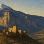 pintura que muestra una recreación del castillo de montearagón con una montaña nevada detrás