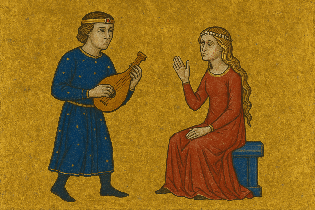Guillermo IX de Aquitania vistiendo una corona y un túnica azul. Aparece tocando una lira y cortejando a una mujer rubia con un vestido rojo.