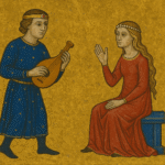 Guillermo IX de Aquitania vistiendo una corona y un túnica azul. Aparece tocando una lira y cortejando a una mujer rubia con un vestido rojo.