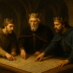 Carlos el Calvo (izquierda(, Lotario I (centro) y Luís el Germánico (derecha) dividiendo el imperio Carolingio durante el tratado de Verdún