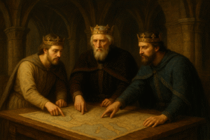 Carlos el Calvo (izquierda(, Lotario I (centro) y Luís el Germánico (derecha) dividiendo el imperio Carolingio durante el tratado de Verdún
