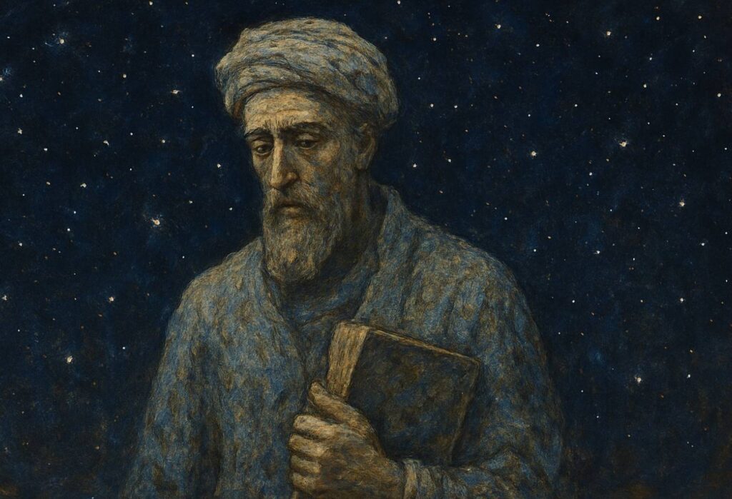 retrato imaginario de Ibn Gabirol sobre un fondo estrellado
