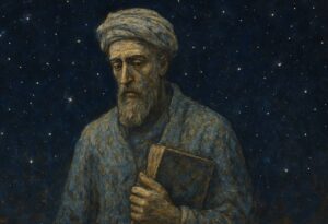 Ibn Gabirol: El Sabio De Málaga Que Transformó La Filosofía Medieval retrato imaginario de Ibn Gabirol sobre un fondo estrellado