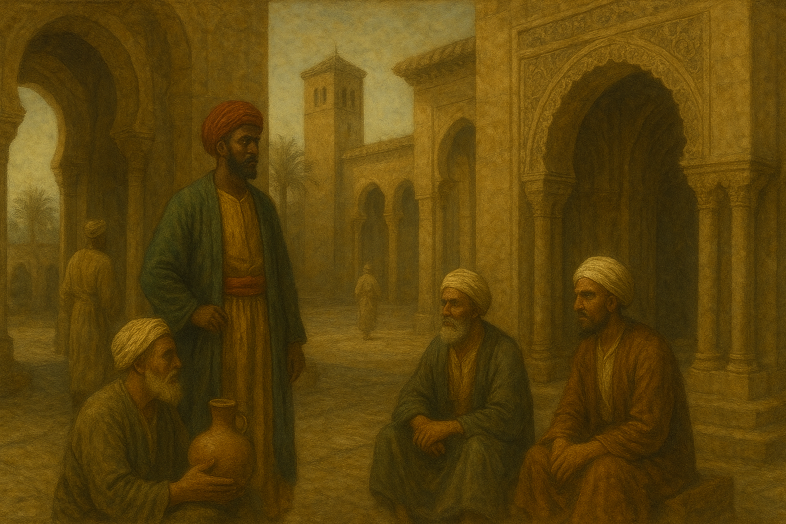 pintura imaginaria que escenifica a unos hombres muladíes en Al-Andalus.