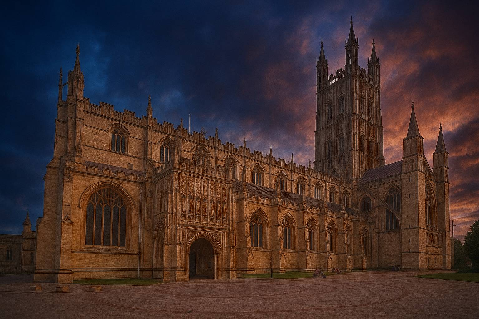 Imagen de la la catedral de Gloucester con un cielo místico en el fondo de la imagen