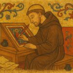 ilustración de beato de Liébana sentado en un escritorio y concentrado haciendo ilustraciones para su obra "Comentarios al Apocalipsis de San Juan"