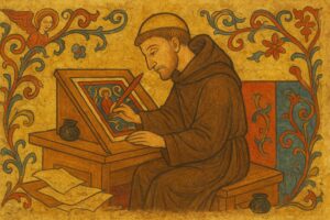 ilustración de beato de Liébana sentado en un escritorio y concentrado haciendo ilustraciones para su obra "Comentarios al Apocalipsis de San Juan"