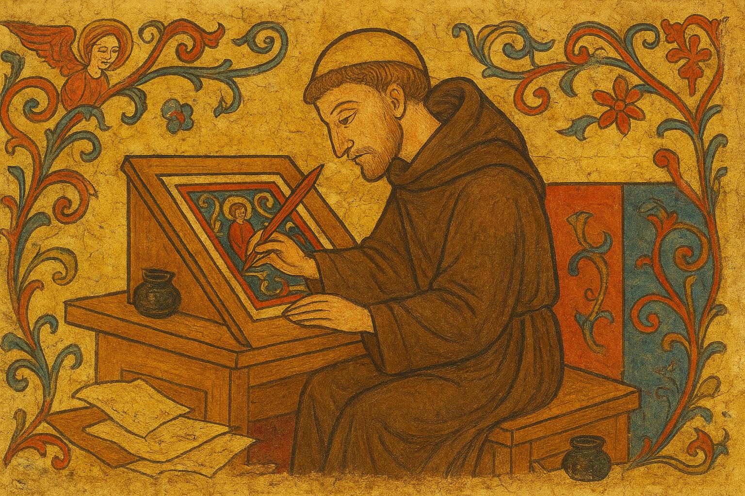 ilustración de beato de Liébana sentado en un escritorio y concentrado haciendo ilustraciones para su obra "Comentarios al Apocalipsis de San Juan"