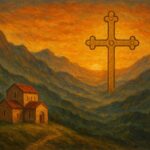 pintura que representa el surgimiento del reino de Asturias. En la imagen aparece una pequeña iglesia en un valle montañoso y un gran Cruz de la Victoria