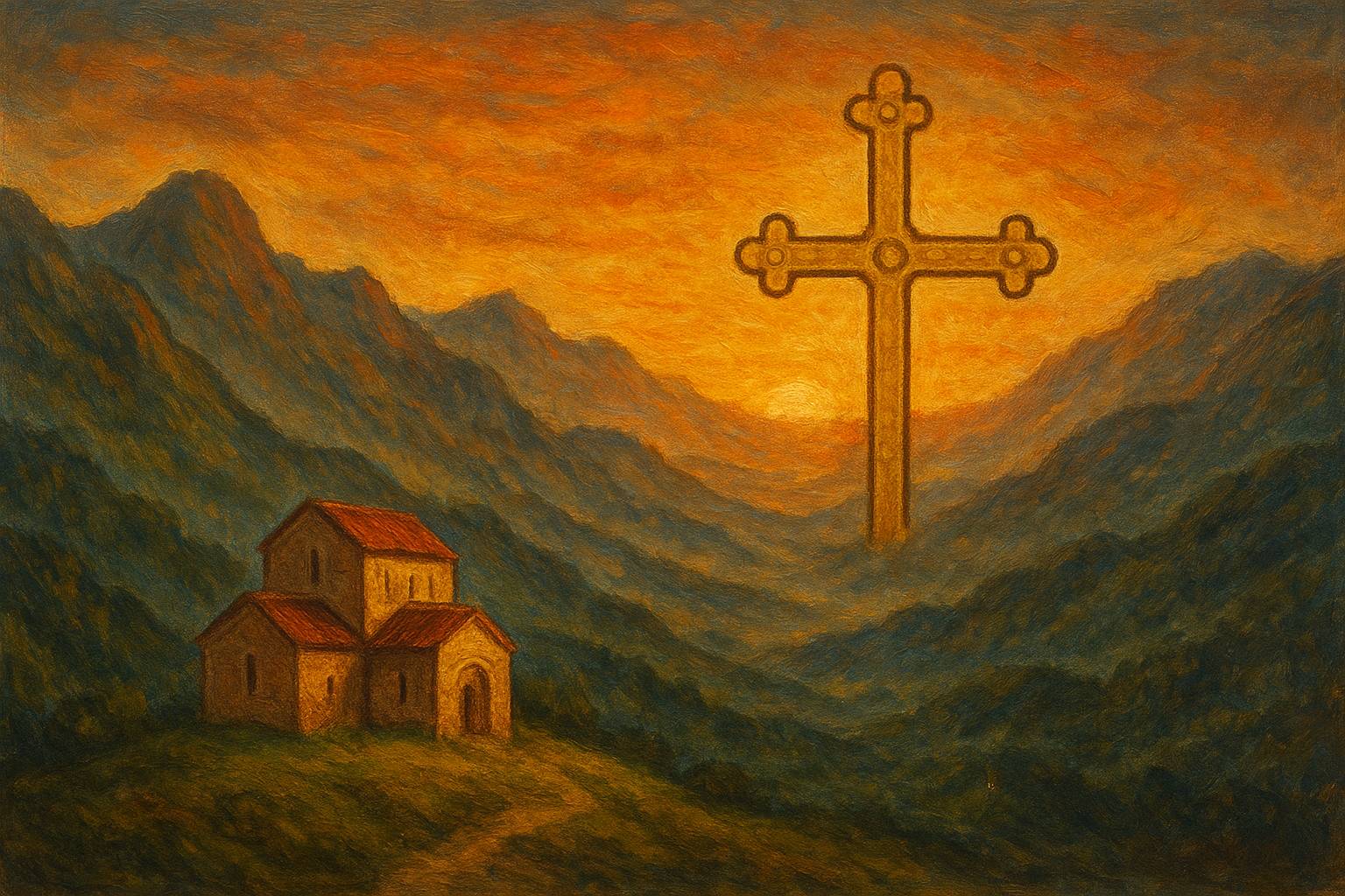 pintura que representa el surgimiento del reino de Asturias. En la imagen aparece una pequeña iglesia en un valle montañoso y un gran Cruz de la Victoria