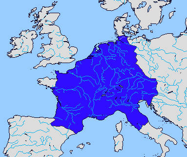 Mapa imperio carolingio en su máxima extensión en el año 842 d.C. 