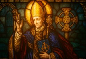 San Ninian: El Primer Evangelizador De Escocia representación de San Ninian de Galloway en estilo vidriera