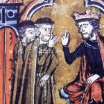 Ilustración de un manuscrito medieval que muestra a Balduino II de Jerusalén entrega el Templo de Salomón a Hugo de Payens y Godofredo de Saint-Omer.