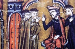 Ilustración de un manuscrito medieval que muestra a Balduino II de Jerusalén entrega el Templo de Salomón a Hugo de Payens y Godofredo de Saint-Omer.