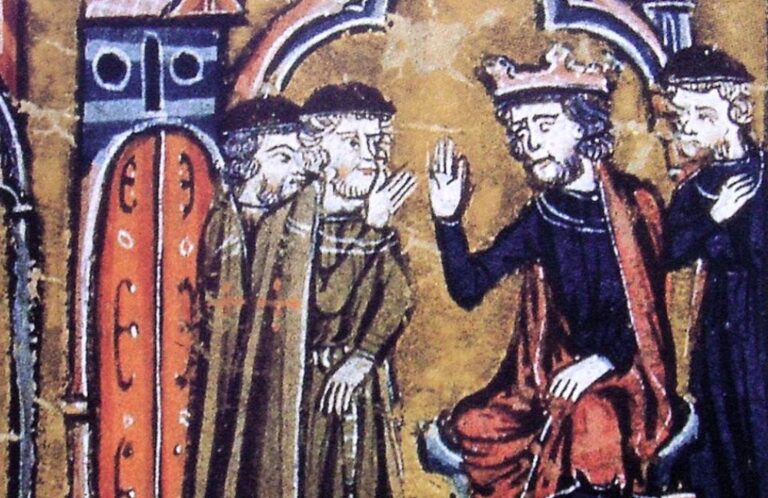 Ilustración de un manuscrito medieval que muestra a Balduino II de Jerusalén entrega el Templo de Salomón a Hugo de Payens y Godofredo de Saint-Omer.