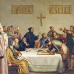 Pintura que muestra a representantes de ciudades del norte de Italia reunidos debatiendo y firmando un documento sobre una mesa que aparece en el centro de la imagen justo debajo de un crucifijo de una pared de la abadía de Pontida