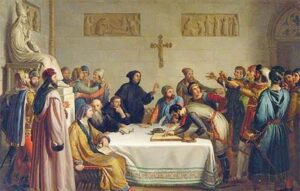 El Juramento De Pontida: El Origen De La Liga Lobarda Pintura que muestra a representantes de ciudades del norte de Italia reunidos debatiendo y firmando un documento sobre una mesa que aparece en el centro de la imagen justo debajo de un crucifijo de una pared de la abadía de Pontida