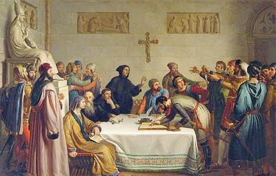 Pintura que muestra a representantes de ciudades del norte de Italia reunidos debatiendo y firmando un documento sobre una mesa que aparece en el centro de la imagen justo debajo de un crucifijo de una pared de la abadía de Pontida