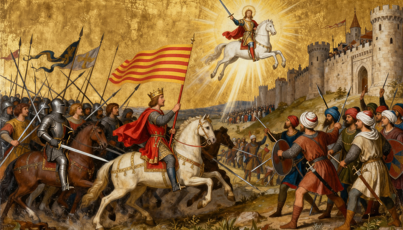 Escena de la Batalla de Alcoraz que muestra al rey Pedro I de Aragón sosteniendo la bandera del Reino de Aragón mientras dirige su ejercito a un enfrentamiento contra el ejercito musulmán a las afueras de Wasqa (Huesca). En el cielo aparece San Jorge en un caballo blanco y sosteniendo una espada.
