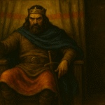 retrato imaginario de Fruela I de Asturias sentado sobre un trono y sosteniendo un báculo dorado con una mano. Tiene una expresión hostil y cruel en el rostro.